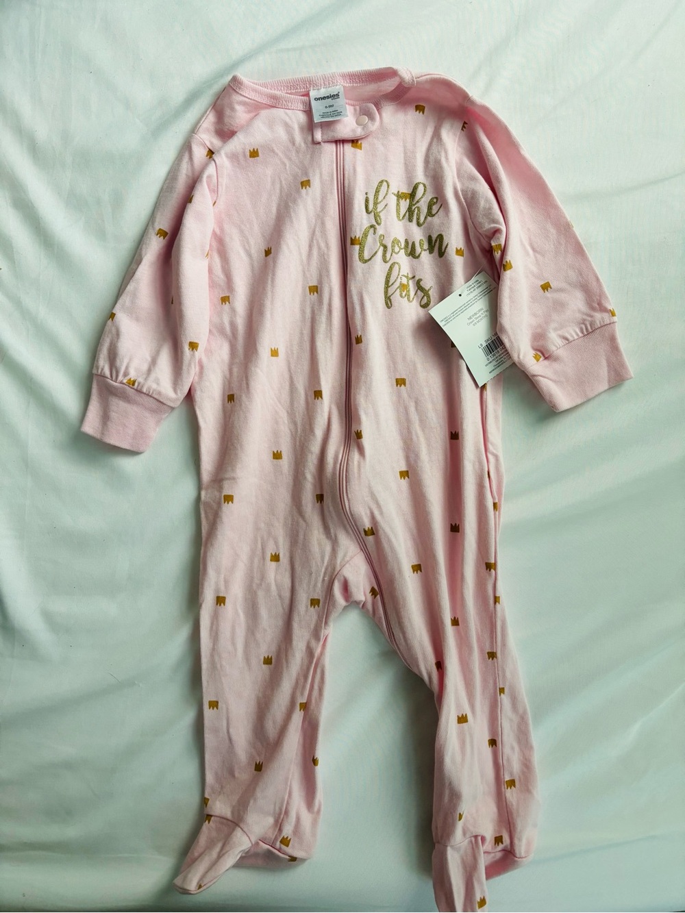NWT Light Pink Footed One-Piece with Gold Crown Accents